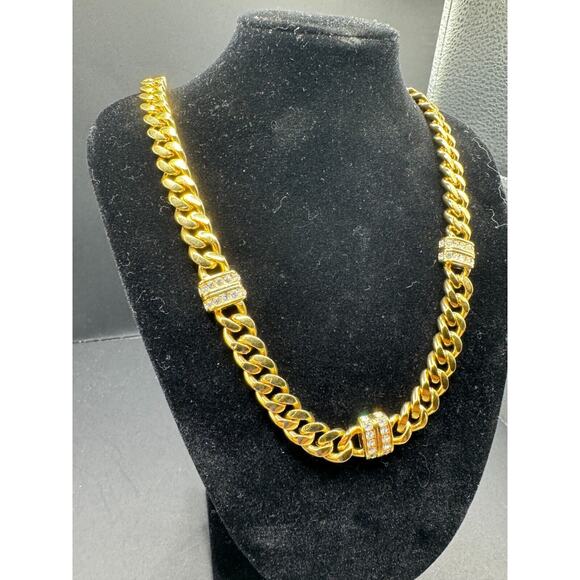 S.A.L. Swarovski Gold Clear Crystal Cuban Chain Link Chunky Statement Necklace - Picture 2 of 7